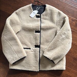 Mango Faux Shearling Chic Cream Coat with Black Accents, New with Tags